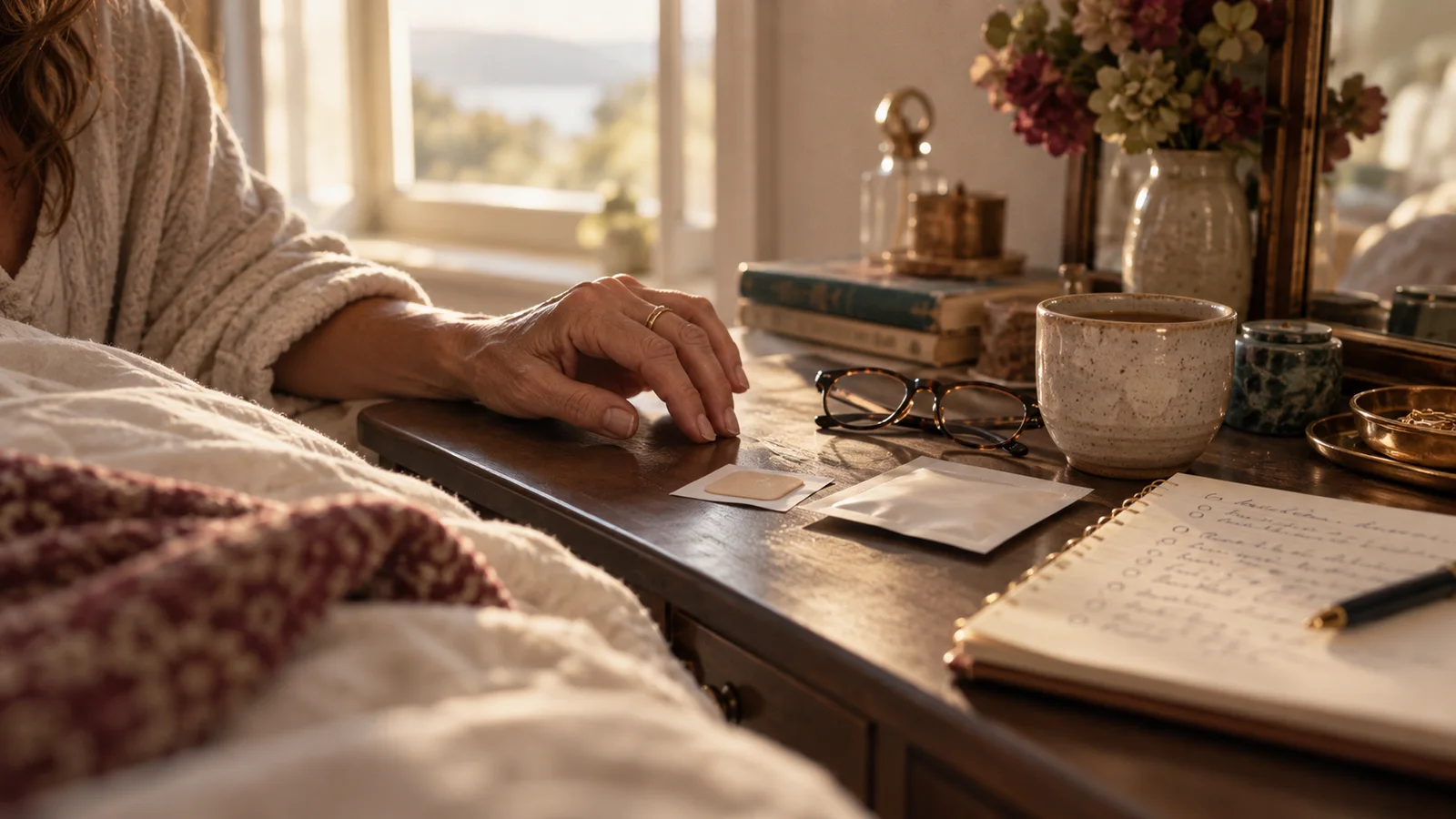 A bedside table with reading glasses, a patch, a cup and a notebook of questions in morning light