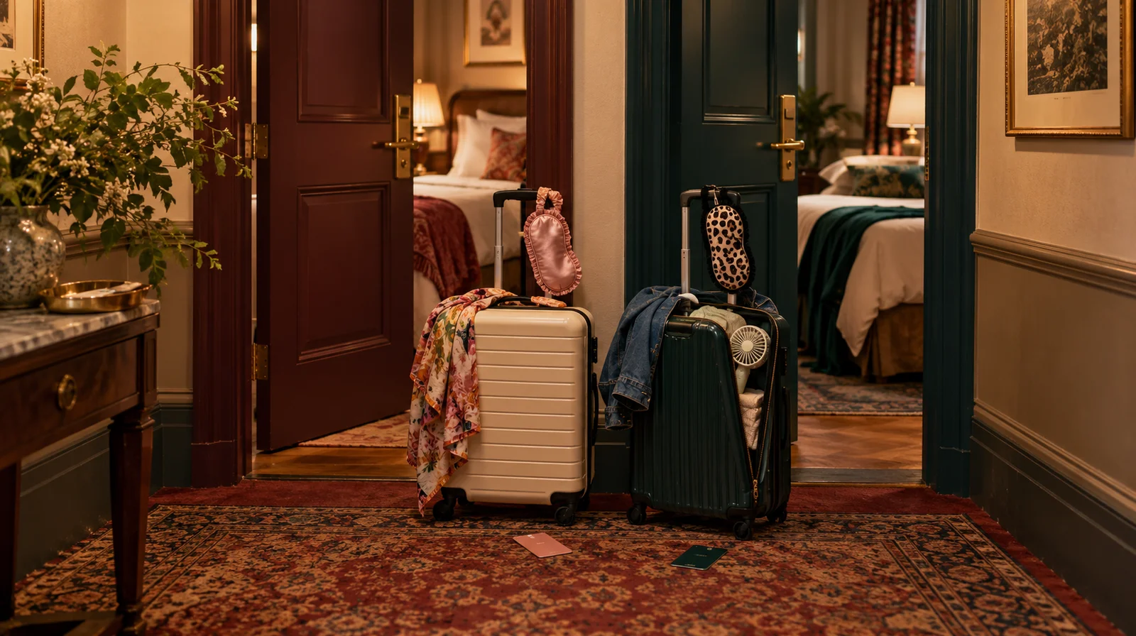 Two suitcases and sleep masks outside separate hotel rooms