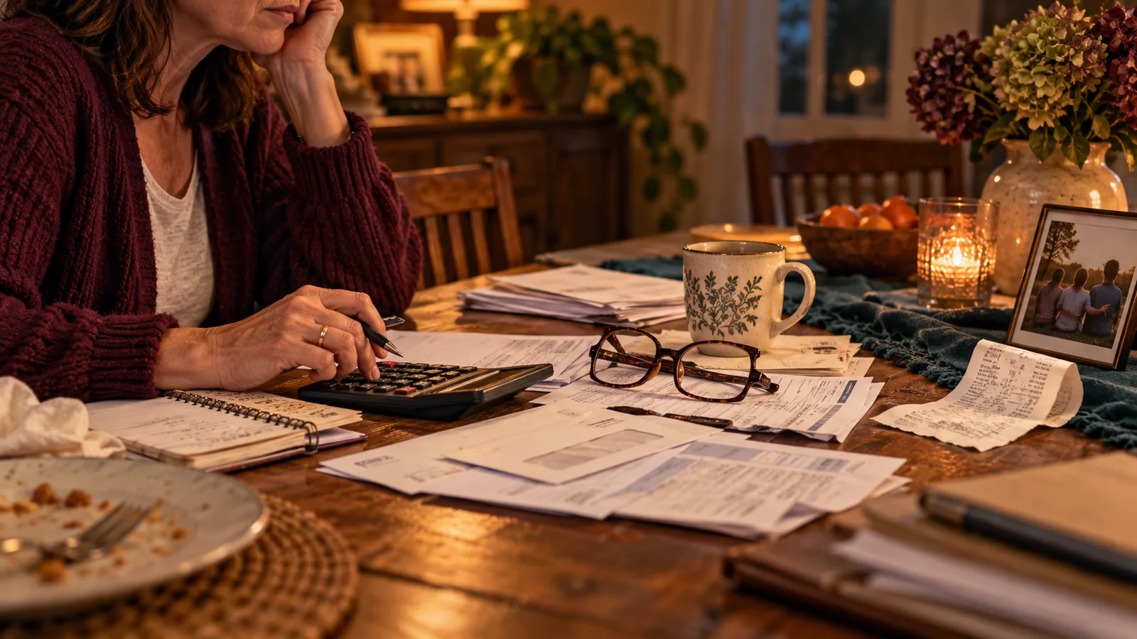 A woman using a calculator among household papers and reading glasses at a dining table