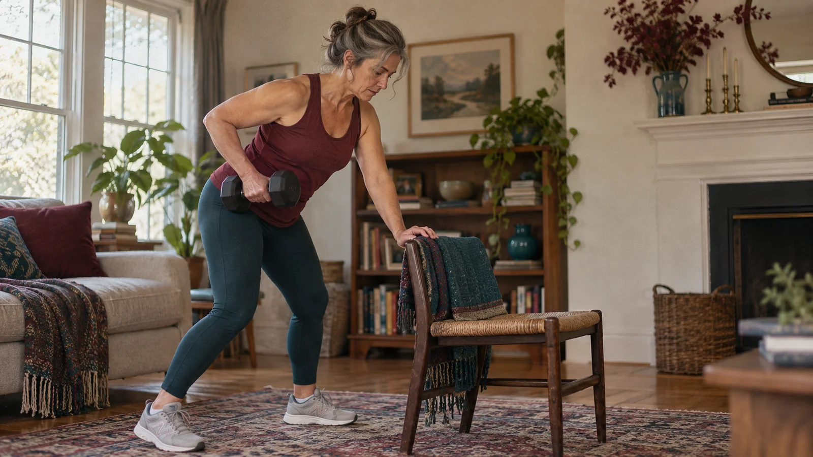 A woman in her fifties doing a strength exercise with a dumbbell and chair at home